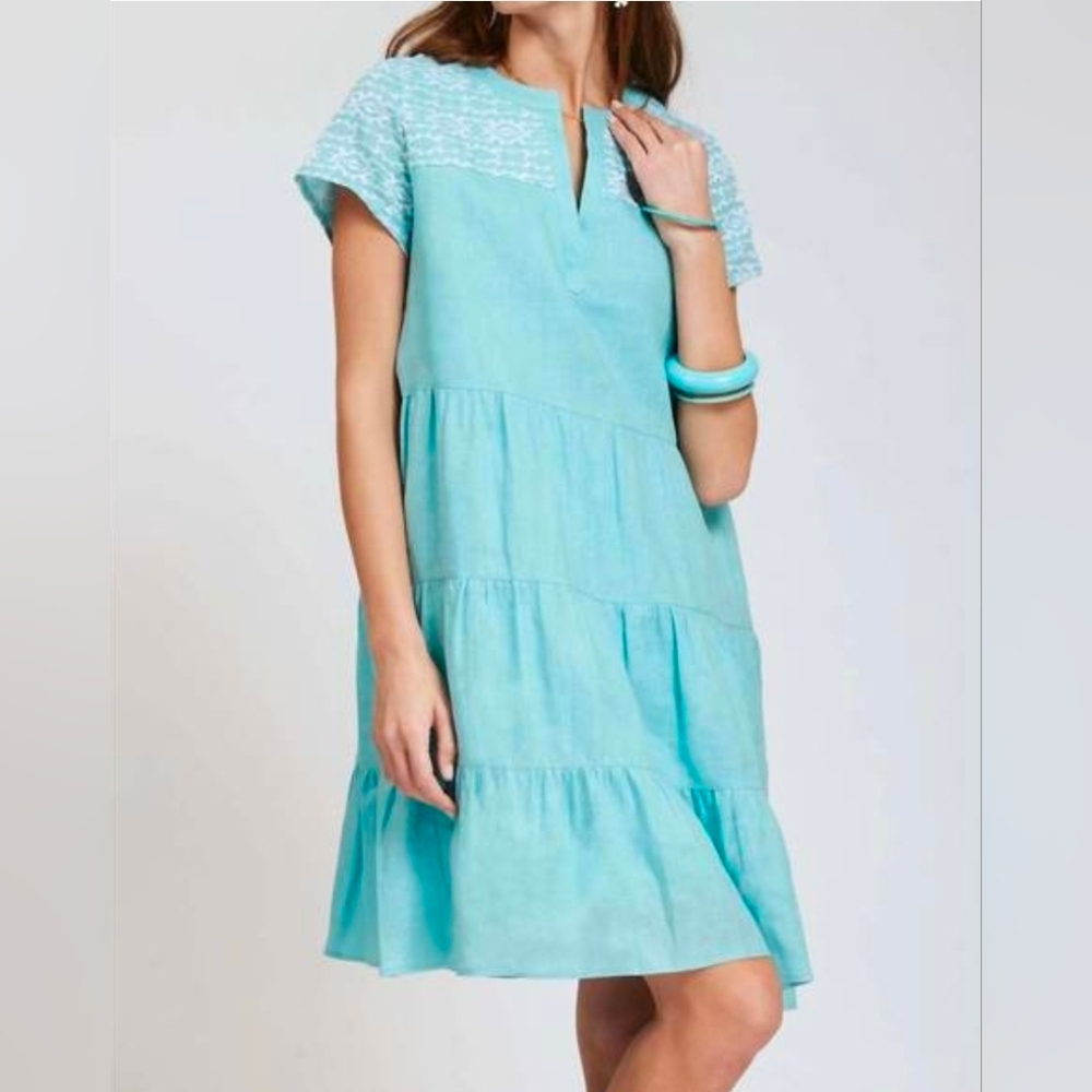 Tyler Boe Tanya Linen Blue Tiered Embroidered Medium Flowy Dress Beach Boho
